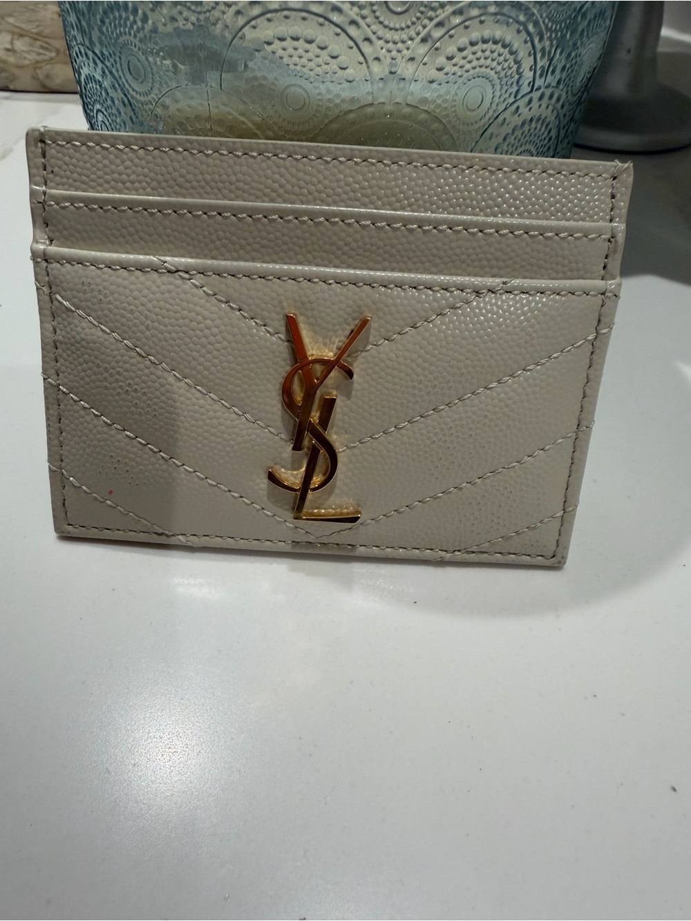 Authentic YSL Cream Leather Card Holder with Gold YSL Logo